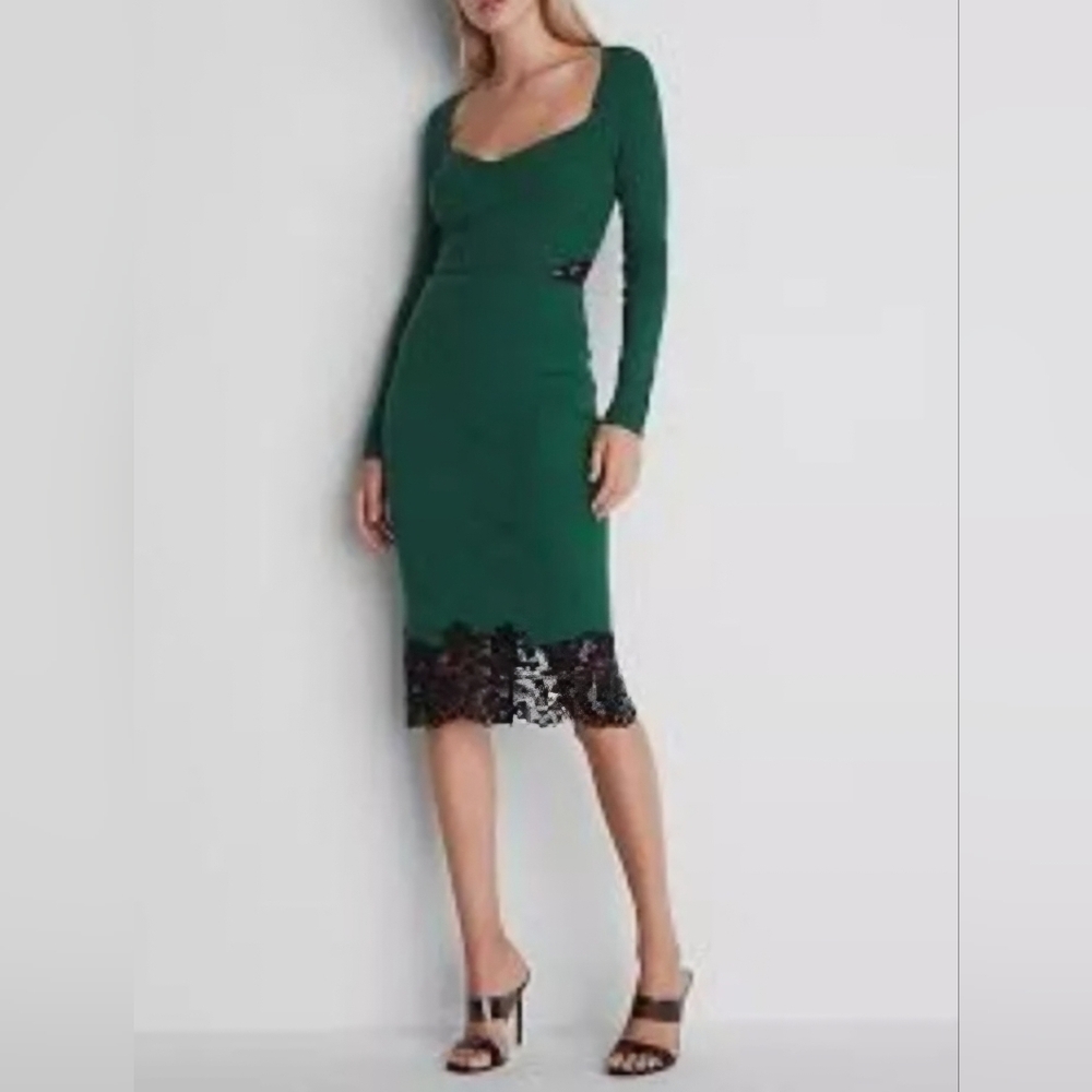 Express Emerald Green Knit Skirt Set with Black Lace Accents Size XL
